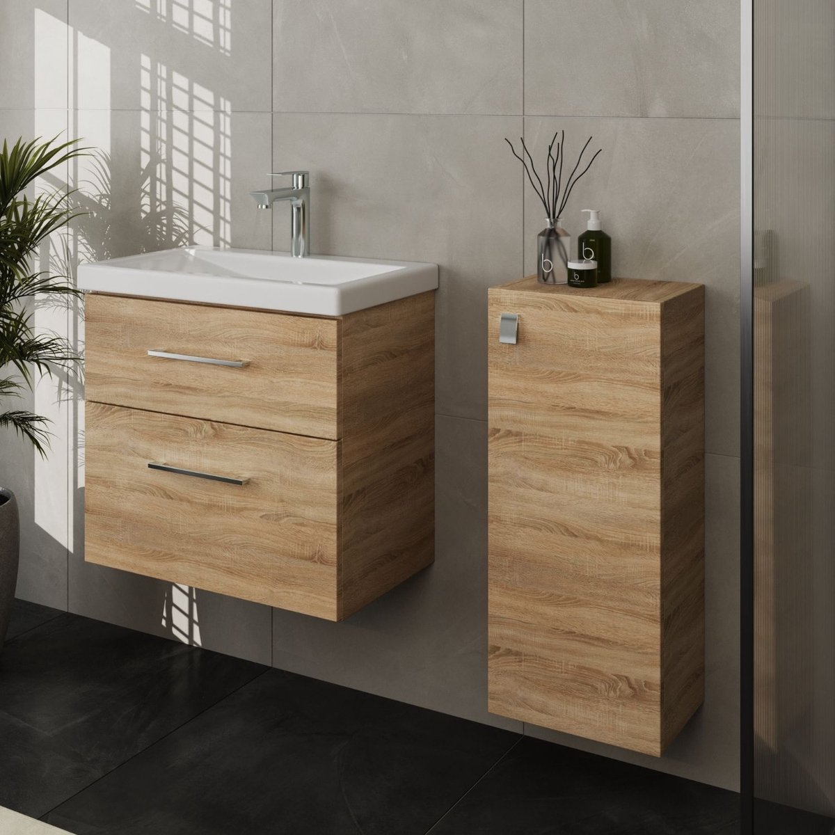 Planetmöbel Badkamermeubel Set 63 cm – Sonoma Eiken – Keramische Wastafel met Midikast 32 cm – 2 Lades – Soft-Close – Ruimtebesparend