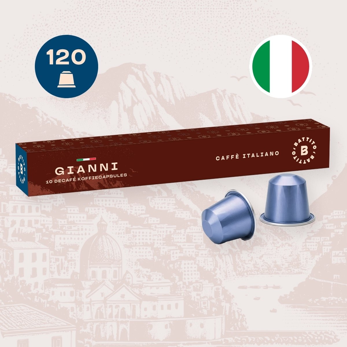 Battito 'Gianni' Italiaanse koffiecups - Decafé - Intensiteit 6/10 - Ambachtelijke kwaliteit uit Napels, Italië - 120 capsules