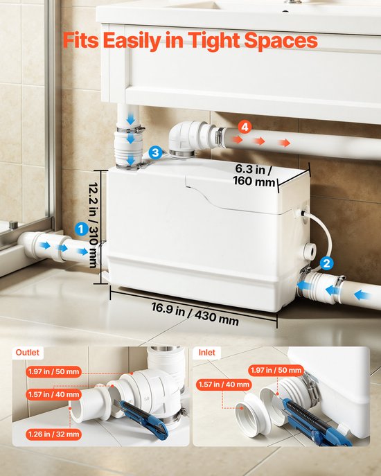 VEVOR Pompstation 800 W 12000 L/U Afvalwaterpompstation met Een Opvoerhoogte van 10 m, Afvalwaterpomp met 3 Inlaten voor Afvalwaterafvoer in Kelder, Keuken, Gootsteen, Douche, Bad en Wasruimte van Vevor — afbeelding 4