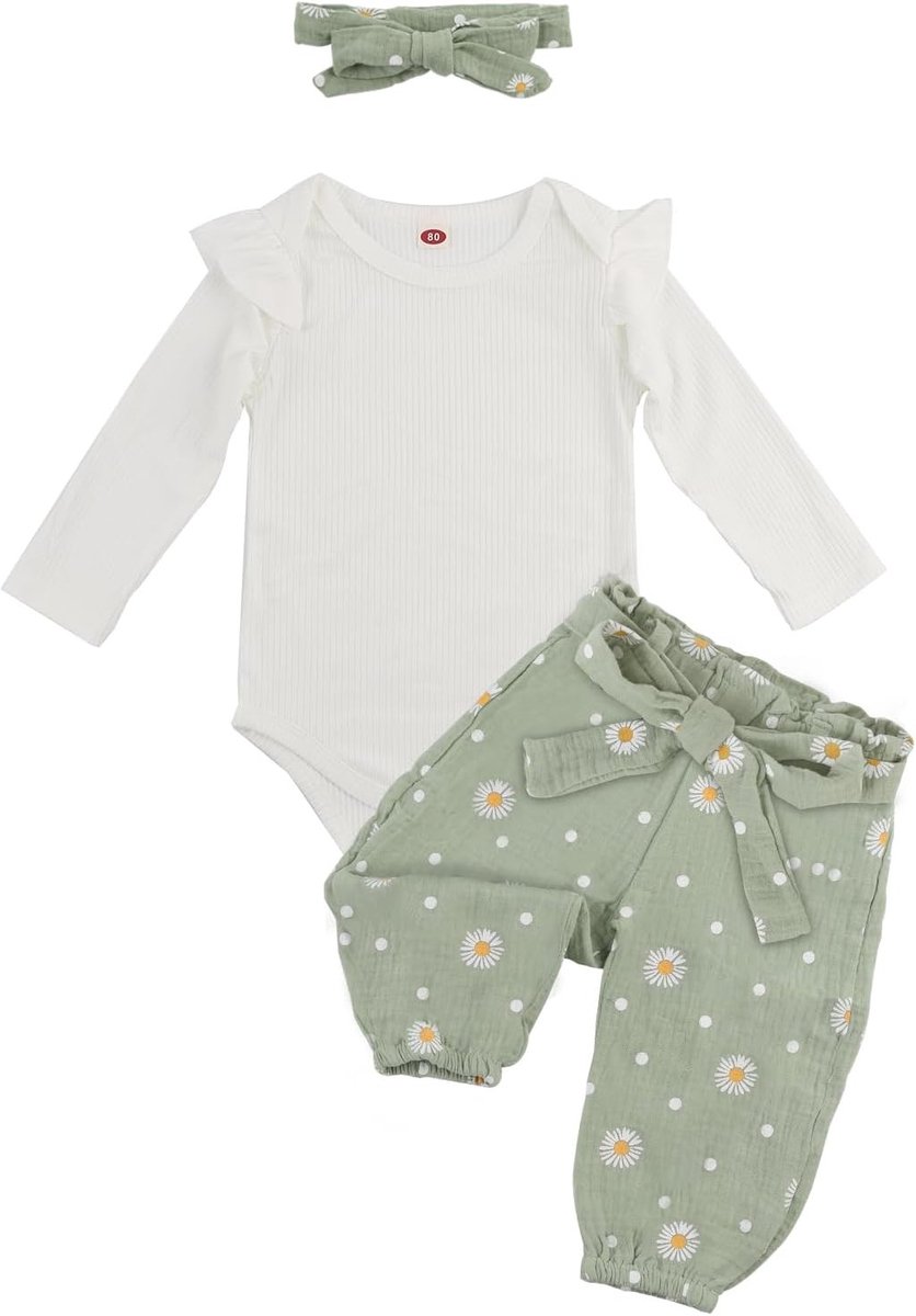 Elegante Romper Set voor Pasgeborenen, Lange Mouwen Romper, Bloemenbroek en Haarband, Perfect voor Verjaardagsoutfits en Fotoshoots