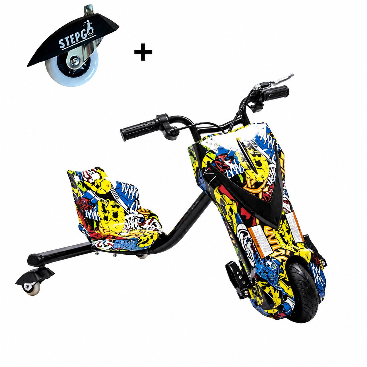 Stepgo Drift trike elektrisch - elektrische driewieler - met extra wieltje - skelter elektrisch - graffiti geel - elektrisch voertuig kinderen