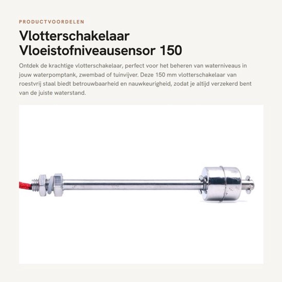 Vlotterschakelaar - Vloeistofniveausensor - 150 mm - Roestvrij staal - Waterpomptank - Geschikt voor zwembad en tuinvijver