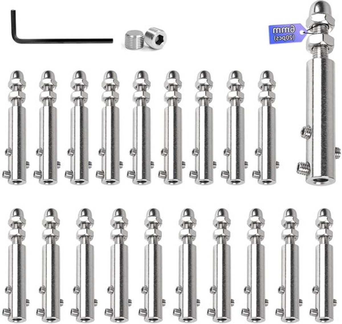 20 stuks draadkabelklemmen 6 mm RVS spantminal met inbussleutel - Kabelspanner set voor bevestiging en spannen van kabels