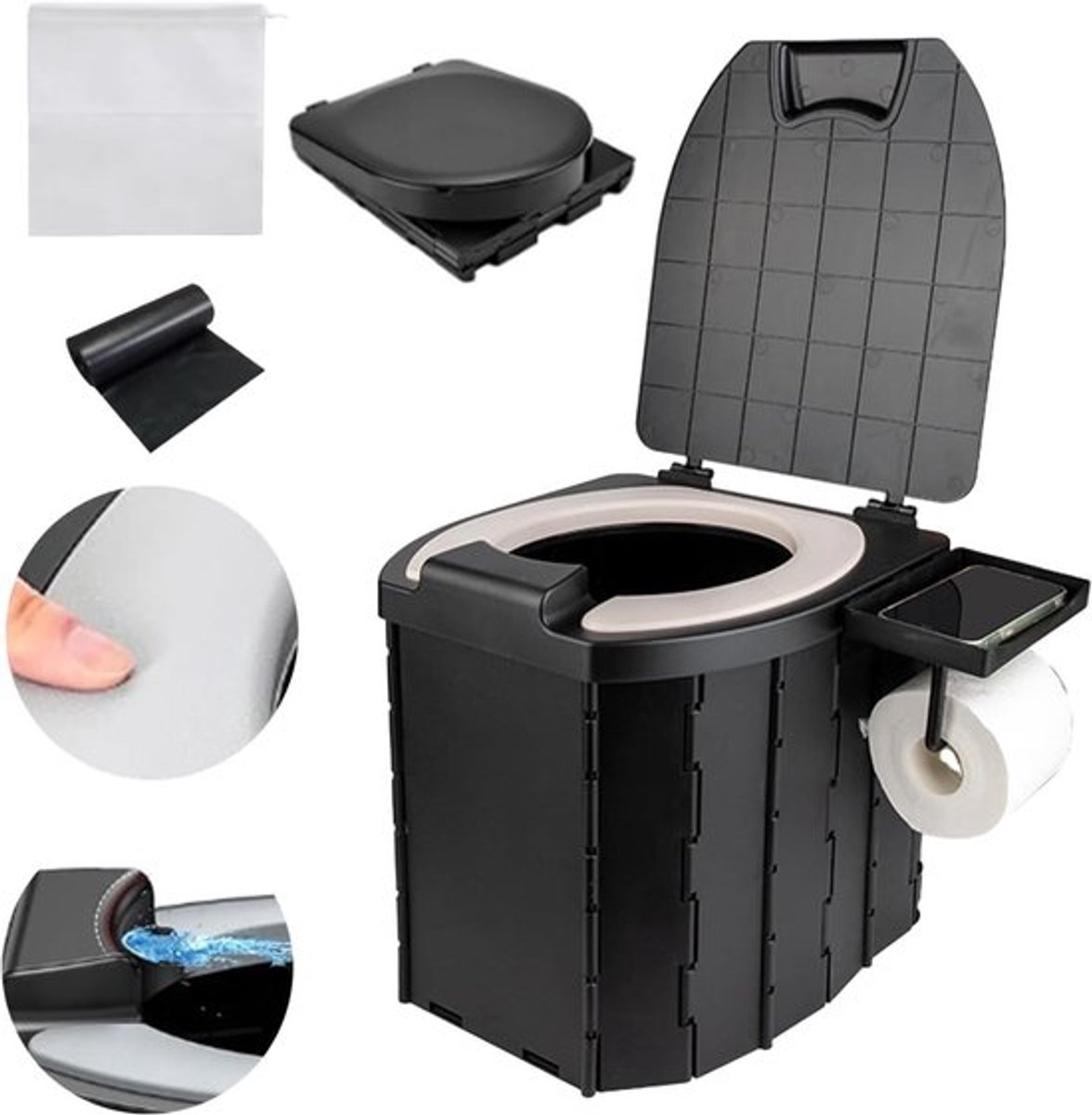Vouwbaar Campingtoilet voor Volwassenen met Deksel en Toiletrolhouder, Ideaal voor Kamperen, Wandelen en Reizen, Tot 400 kg Draagvermogen