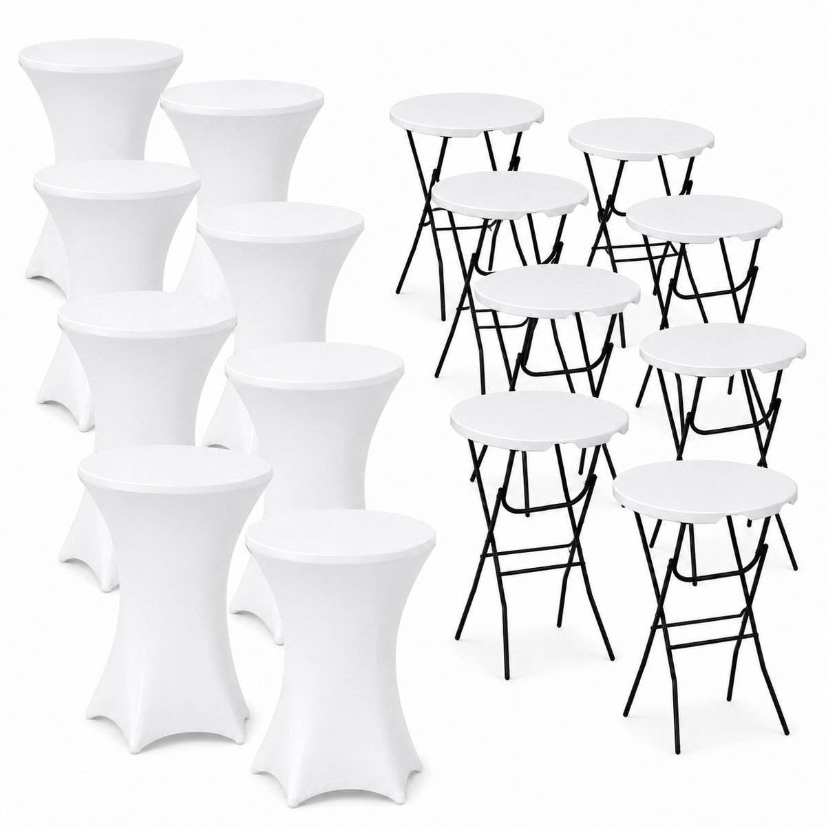ADSafety Statafel – 8 Stuks – Inclusief Statafelhoes – Statafelrok – Inklapbaar – Stevige partytafel – Bartafel - Voor binnen en buiten – Ø80 x 110 cm - Wit