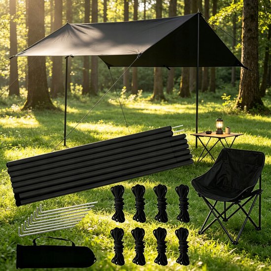Camping Tarp - Zonneschermzeil - Schaduwdoek Luifel - 300x300 cm - 3-4 Personen - 210D Oxford - Waterdicht & Scheurvast - UV Beschermend & Zonwerend - met Metalen Palen & Haringen - Outdoor Tent - Voor Kamperen en Picknicken van Camping — afbeelding 3