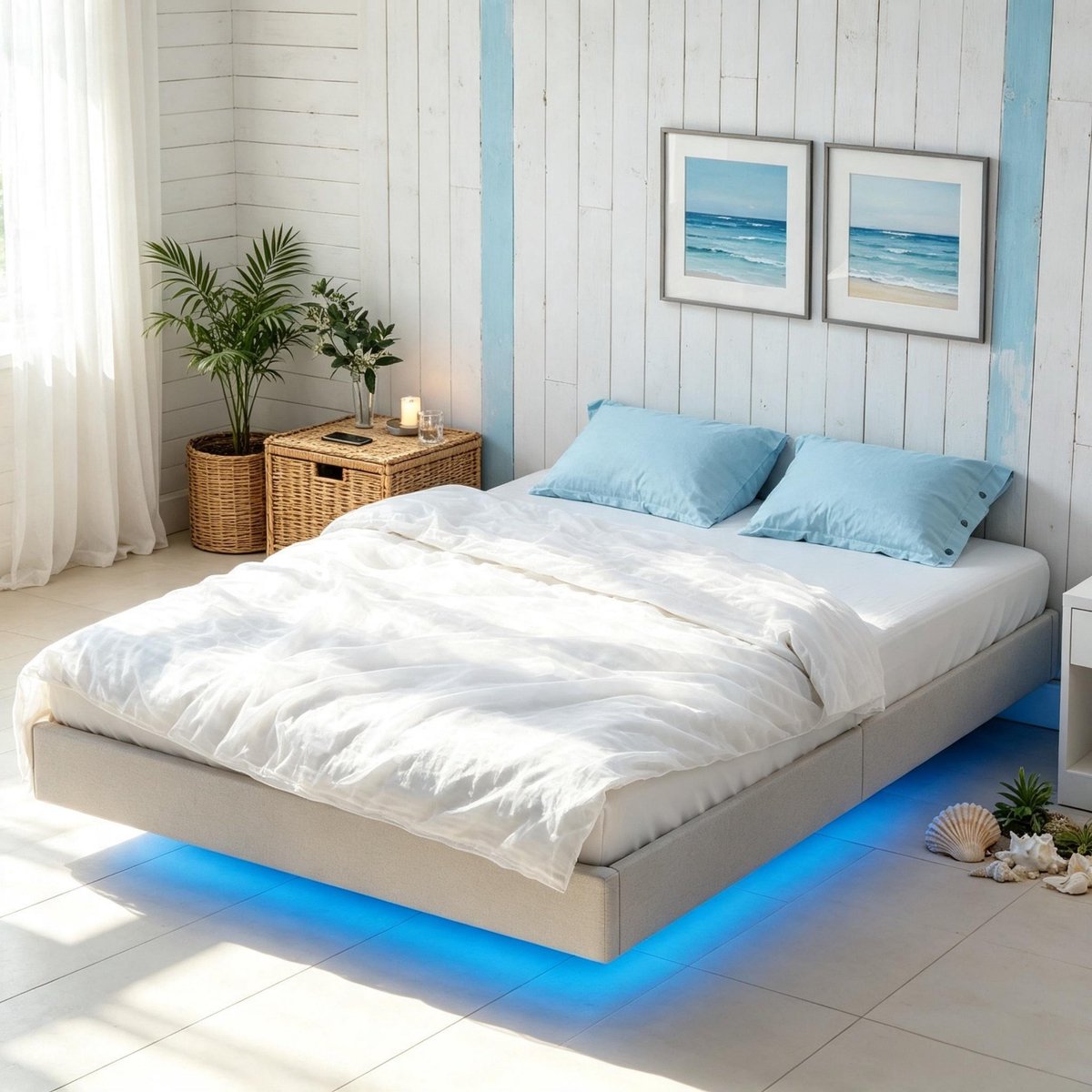 Merax Zwevend Gestoffeerd Bed 140 x 190 cm - LED Verlichting - Linnen - Houten Lattenbodem - Beige