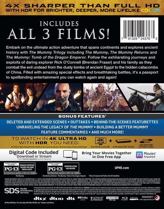 Achterkant van The Mummy Trilogy 4K UHD Blu-ray hoes met tekst over de films en bonusfuncties.