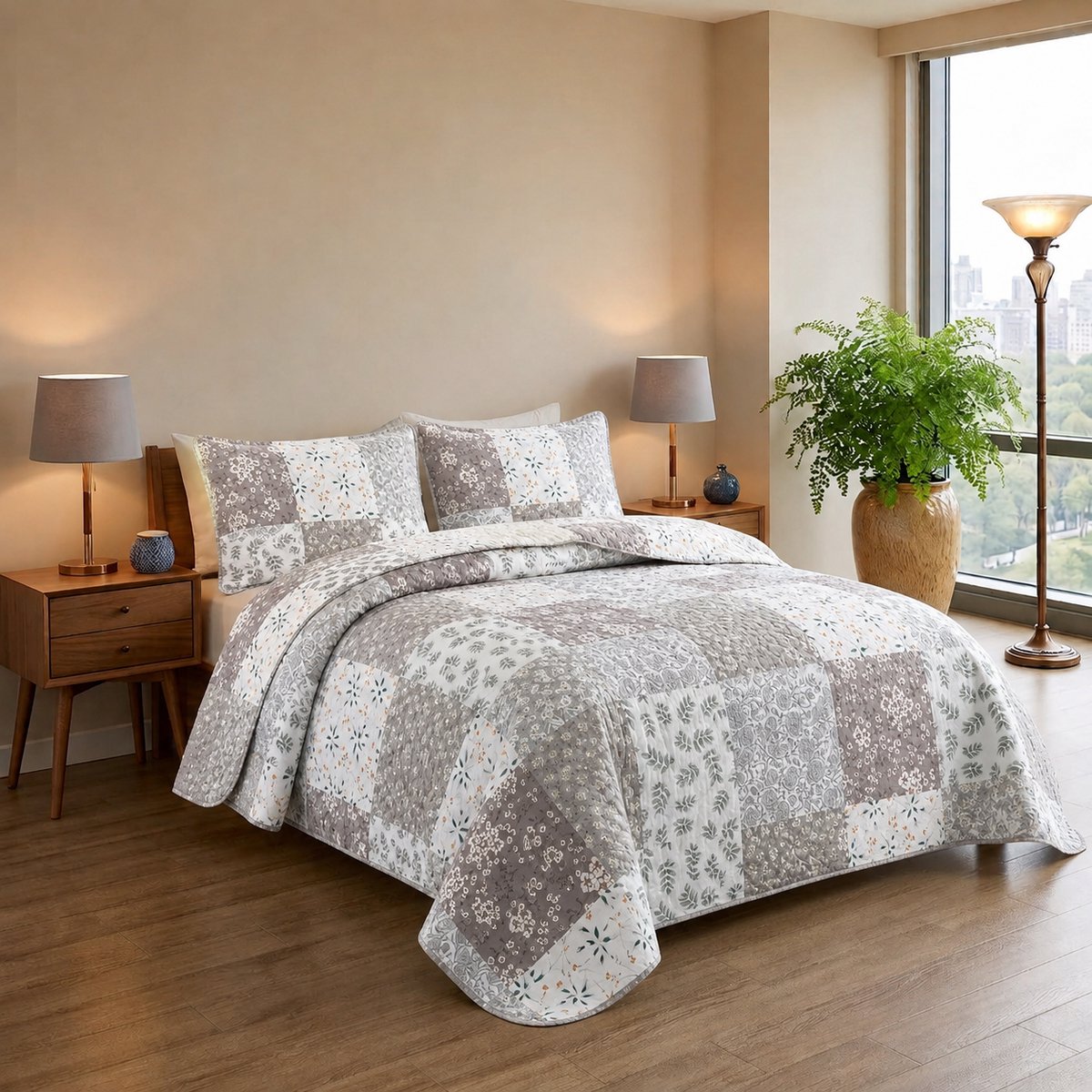 TRANKIELO® - sprei 200x200 cm – Ademend, Zacht, 4 Seizoenen, Inclusief 2 Kussenslopen, Grijze Ruit