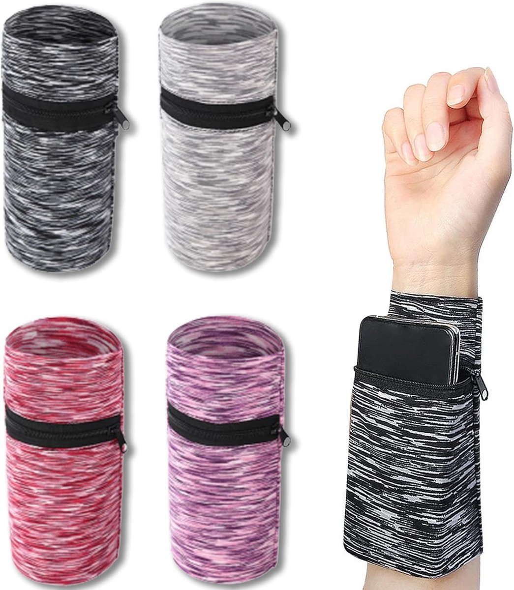 KZQ 4-delige polstasjesset - polsbandje - vierkleurige zweetband - zachte polyester armband - met ritsvak - geschikt voor hardlopen, fitness, tennis, yoga en andere sporten.