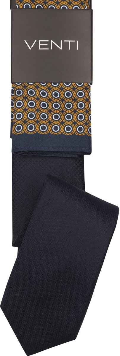VENTI set met stropdas en pochet - donkerblauw - oker - wit dessin