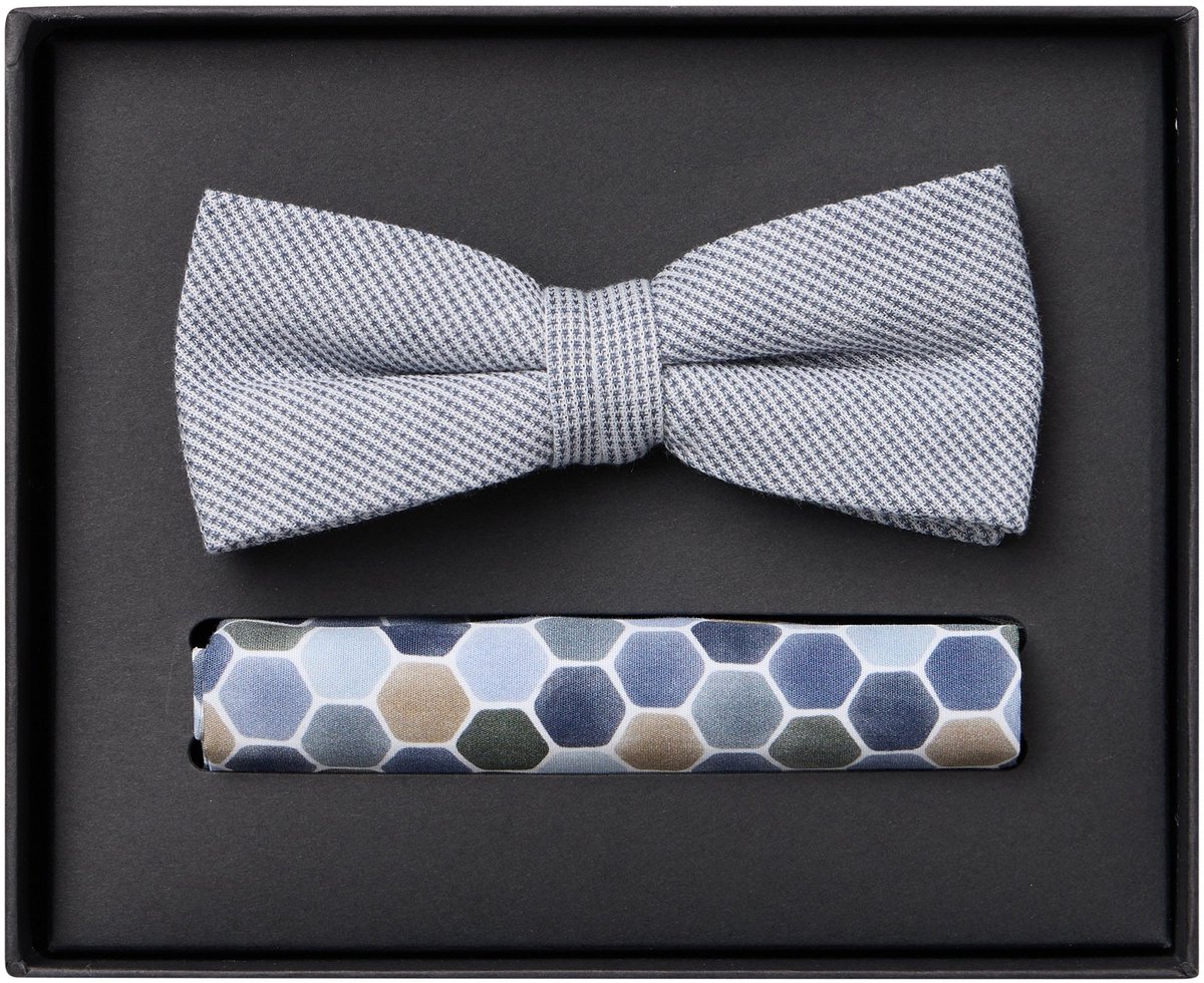 VENTI set met vlinderdas en pochet - blauw met wit en grijs dessin