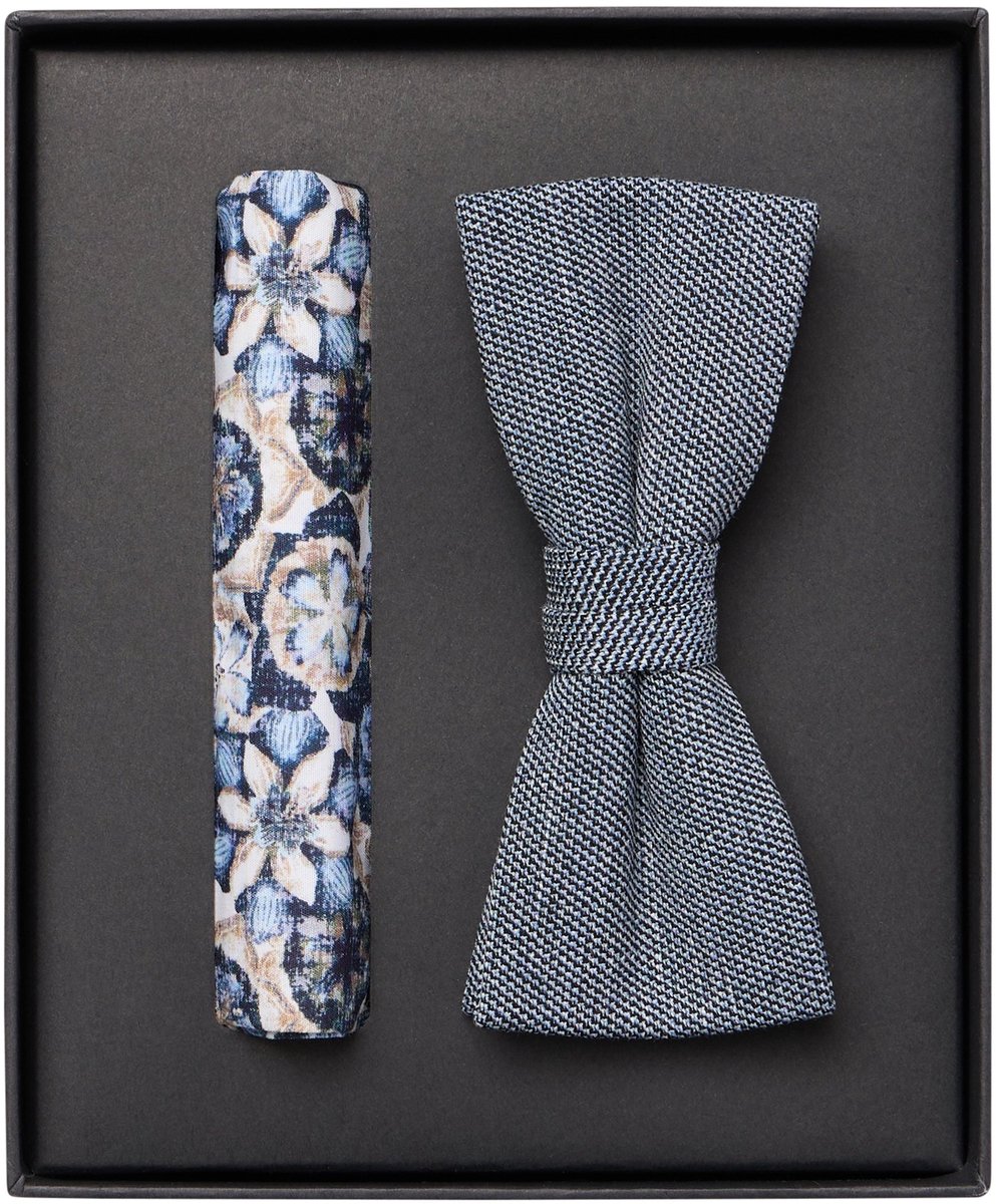 VENTI set met vlinderdas en pochet - blauw - wit - donkerblauw - beige dessin