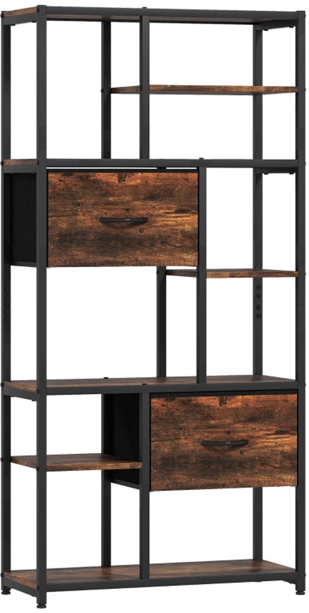 Opbergkasten - Opbergrek met 2 Stoffen Laden en 9 Open Vakken - Vrijstaande Plank met Stalen Frame - Bruin en Zwart