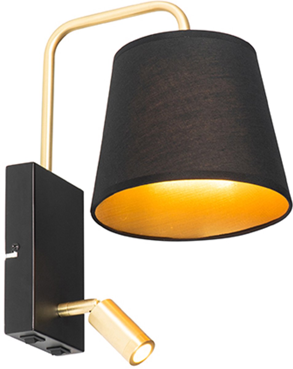 Qazqa moderne wandlamp met leesarm - Renier - zwart goud, rond, max. 40W, geschikt voor led, 2-lichts, 34cm, ideaal als slaapkamer lamp