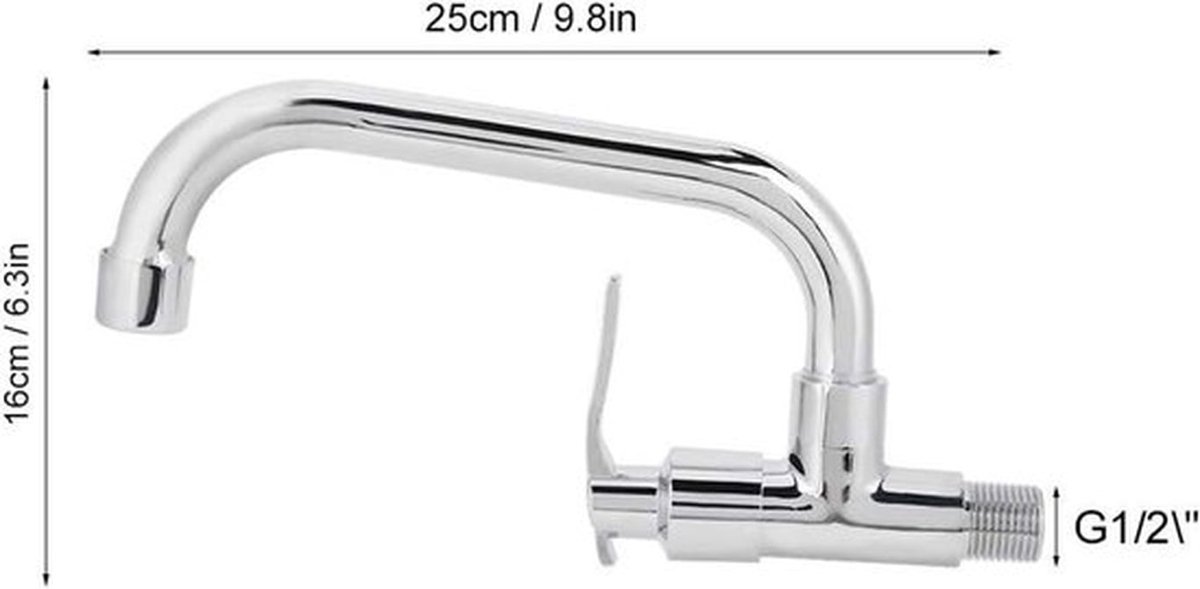 Wandgemonteerde Enkele Koudwaterkraan - Thuiskeuken - Messing Behuizing - Roestvrijstalen Buis - Geschikt voor Keuken - Zilver 1/2 25cm