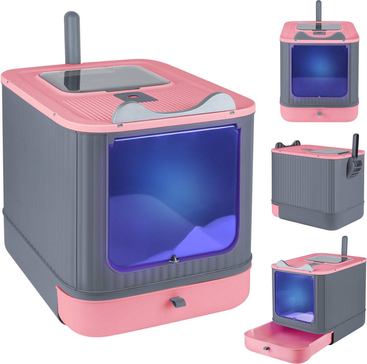 PIPIPOXER Kattenbak met lade -Kattentoilet - Opvouwbare Gesloten Kattenbak met Lade -Ultravioletsterilisatie - Dubbele ingang/uitgang-34.5x44.5x36.5cm -roze