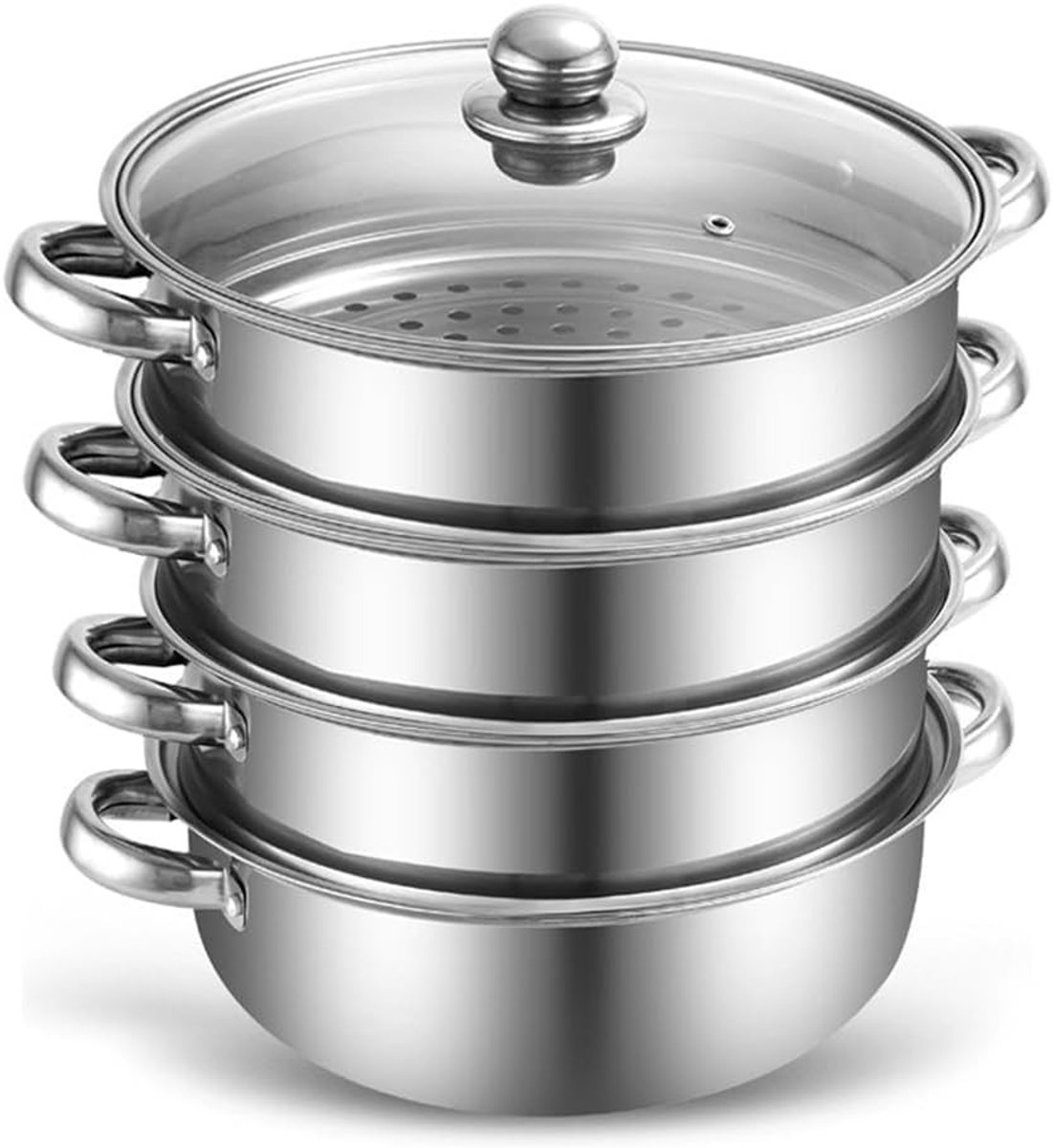 Stoomkoker - 28 cm - Roestvrij Staal - Met Glazen Deksel en Hittebestendige Handgrepen - Voor Groenten en Aardappelen