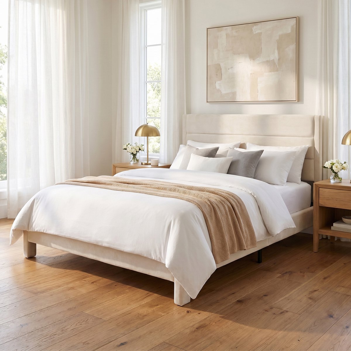 KUTAS Tweepersoonsbed 140 x 200 cm - Gestoffeerd Bedframe - Metalen Frame - Houten Lattenbodem - 500 kg Draagvermogen - Beige