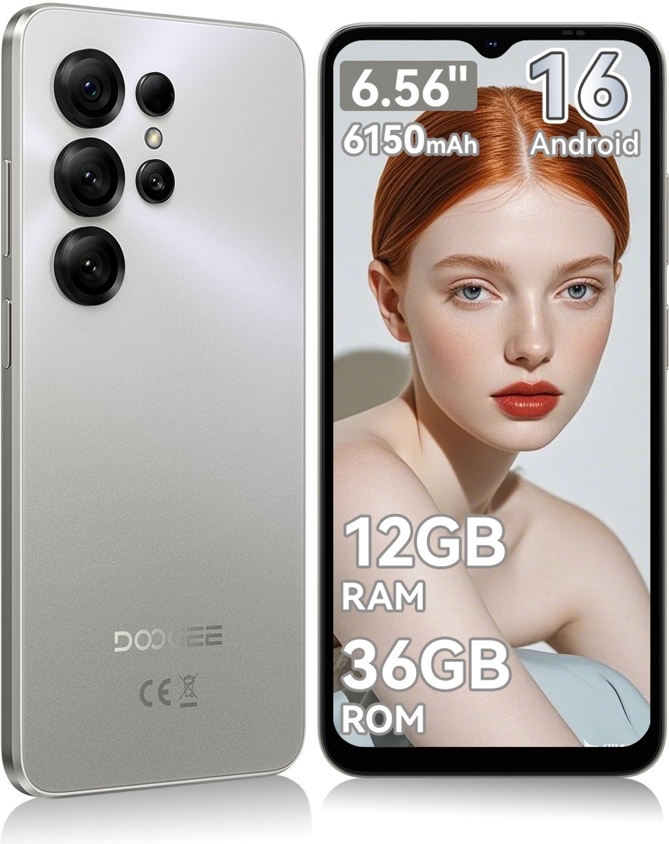 DOOGEE Note 56 X Lite Smartphone - 6,56 Inch - 12GB(3+9) RAM - 32GB ROM - 6150 mAh - Android 16 - Met 3,5 mm hoofdtelefoonaansluiting - Zilver