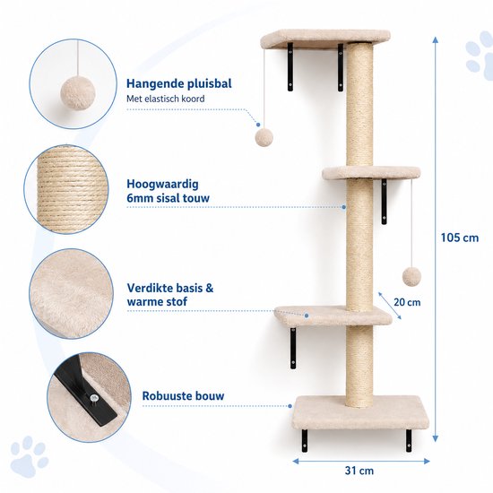 Katten krabpaal van 105 cm hoog met drie plateaus, een sisal touw, twee hangende pluisballen en een verdikte, warme basis.
