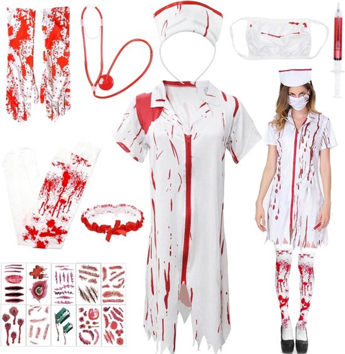 9-delig kostuum voor verpleegsters, griezelige Halloween outfit voor vrouwen, zombie verpleegster kostuum met bloedvlekken, accessoires voor carnaval en cosplay feestjes