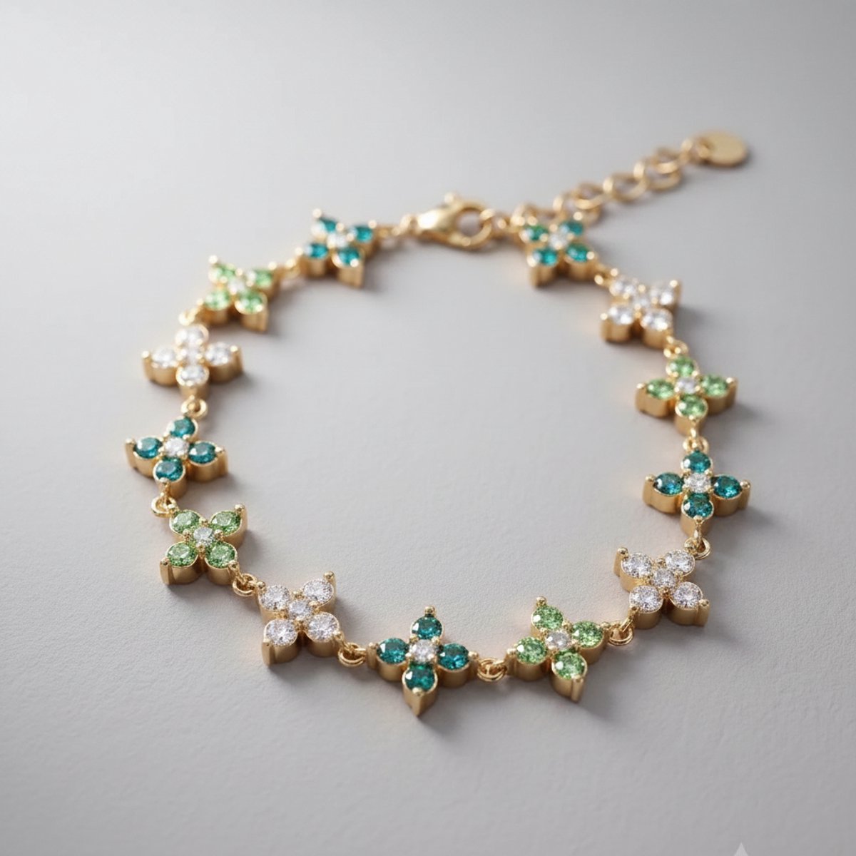 Dames Bloemenarmband Goudkleurig met Groene en Witte Steentjes – RVS – 17,5 + 3 cm