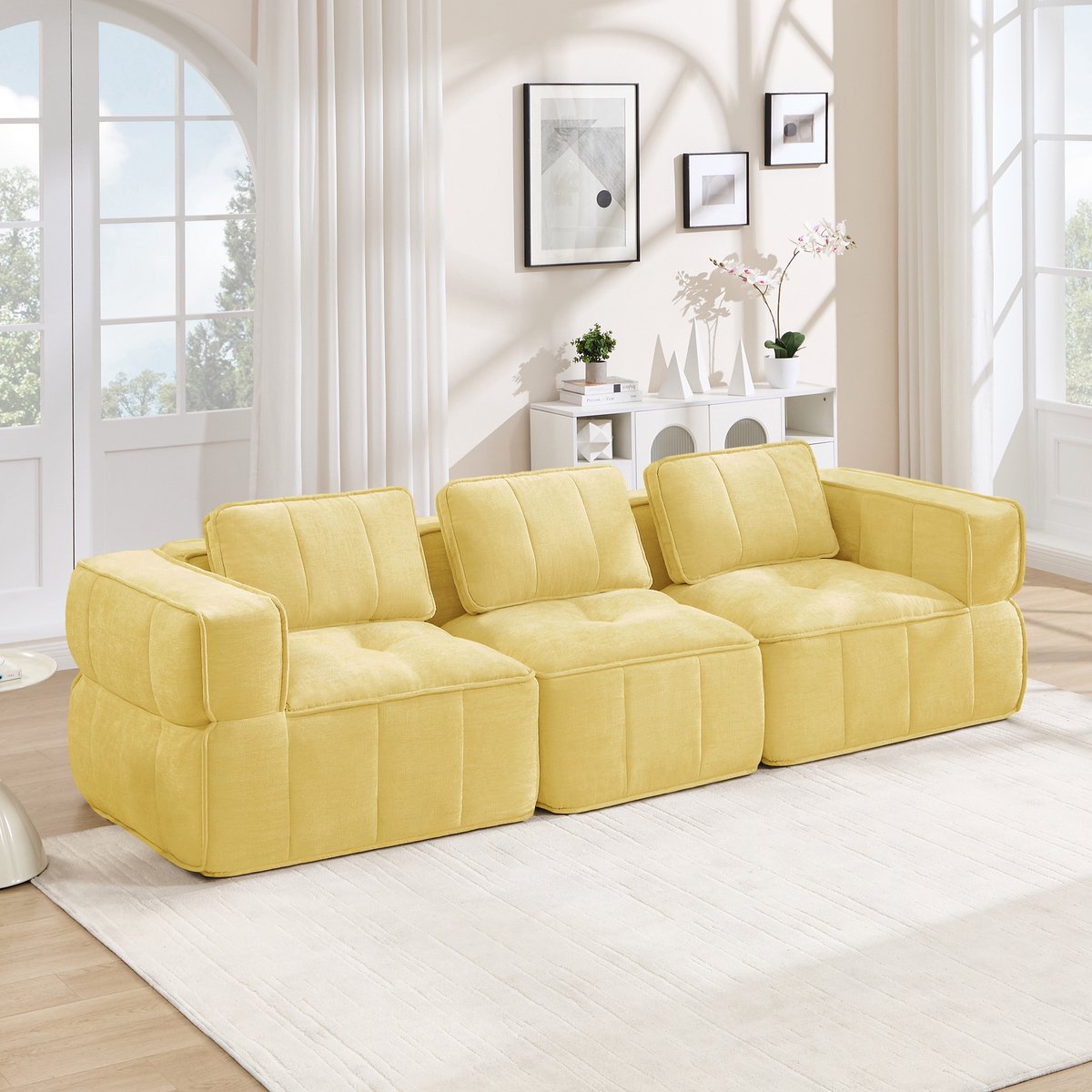HAUSS SPOLE Vloerkussen - Modulaire 3-Zits Loungesofa - Zonder Montage Met 32D Schuim - Voor Woonkamer - Polyester Geel