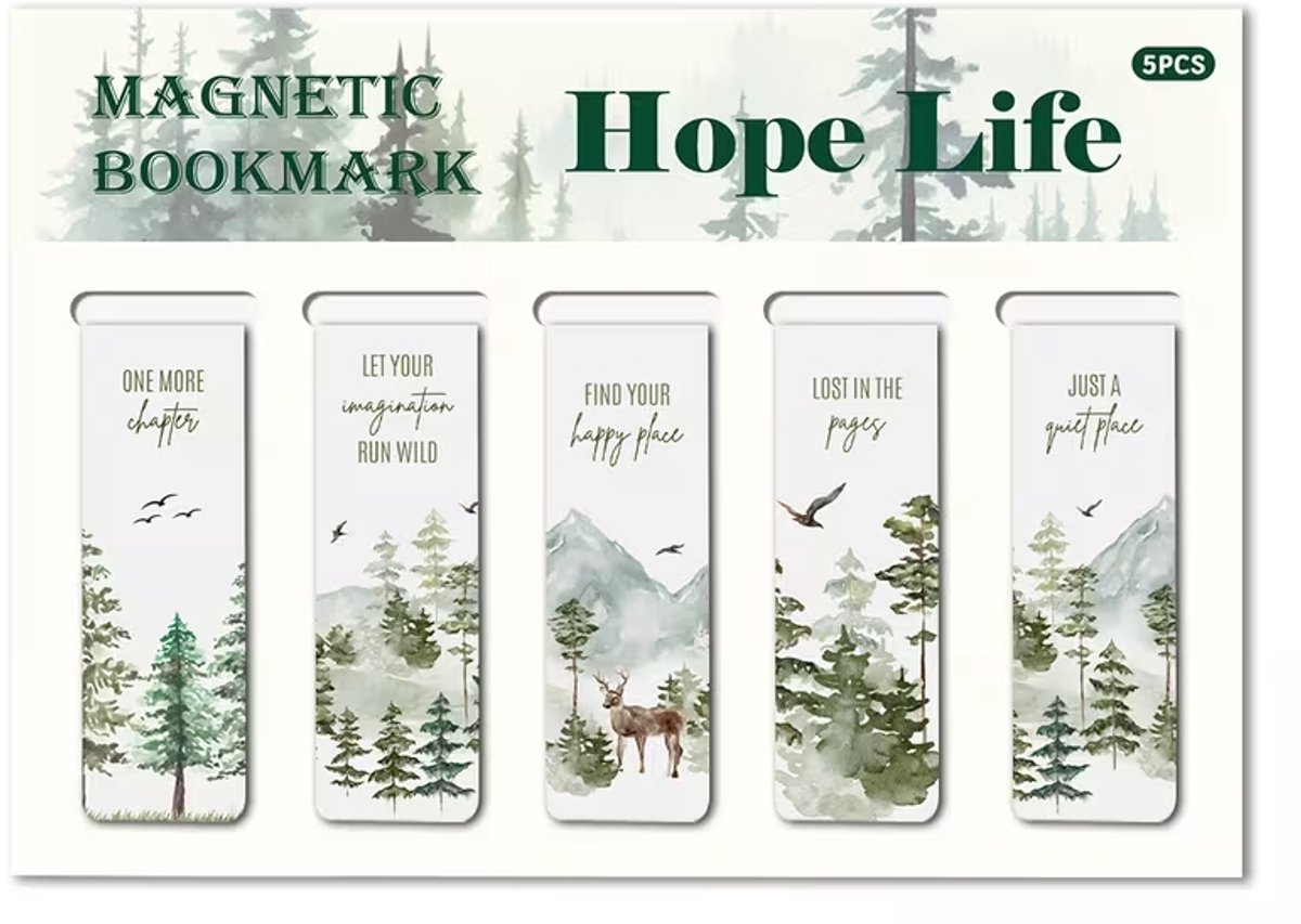 Viwado® Magnetische Boekenleggers 5 Stuks – Bos & Natuurlandschap – Waterverf – Inspirerende Teksten – Bladwijzers voor Boeken