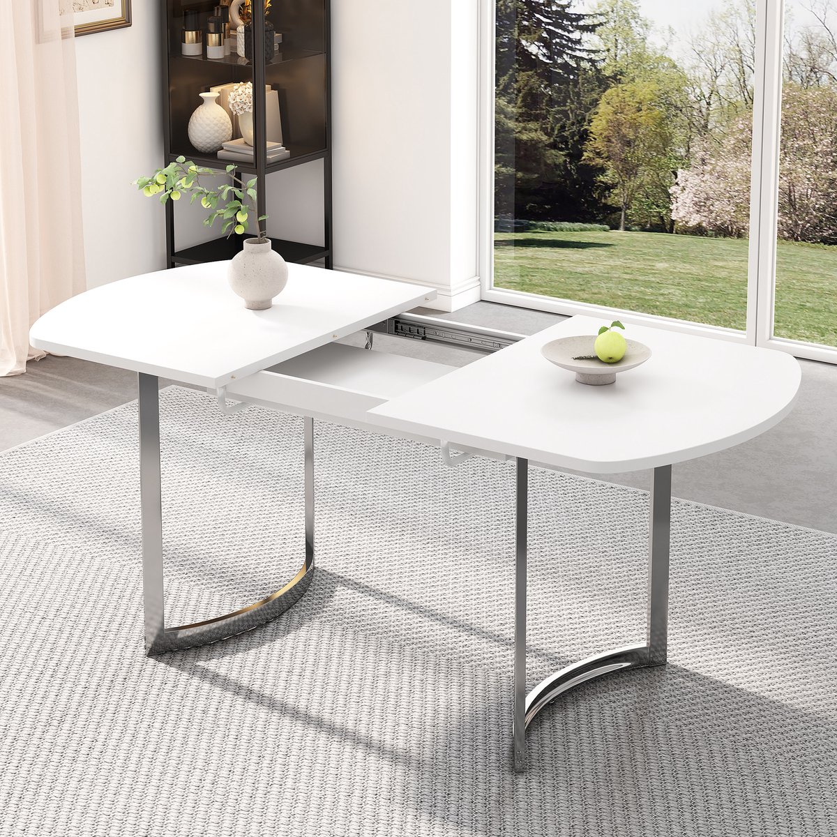 Intebiki Uitschuifbare eettafel (140/180×80 cm) - keukentafel - Geschikt voor keuken en woonkamer - Biedt plaats aan 4-6 personen - Witte tafel met verzilverde poten