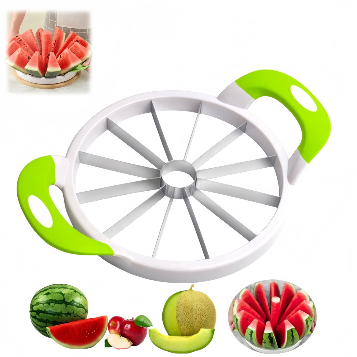 1 stuk - Meloensnijder - Watermeloen snijder - Watermeloensnijder met 12 messen - Watermeloen snijder van roestvrij staal - Multifunctionele snijder - Handfruitsnijder - Fruitsnijder - Keuken gereed schap - Snij gereed schap - Groen