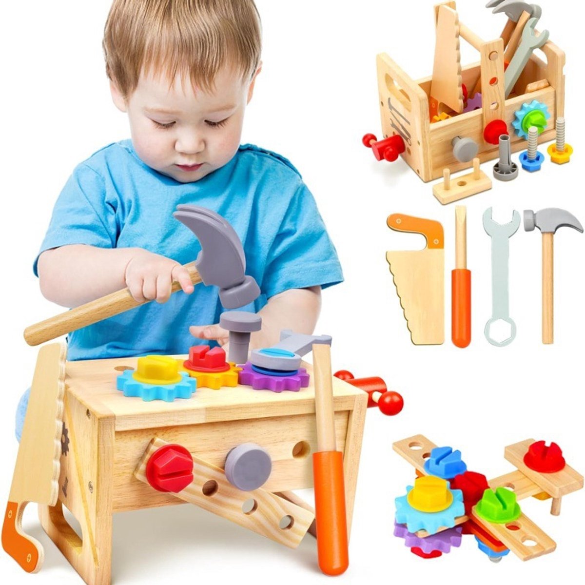 Montessori-gereedschapsset voor kinderen – Houten gereedschapskist | Bouwspeelgoed voor jongens en meisjes van 3-4 jaar – Educatief constructiespeelgoed en rollenspelspeelgoed – Verjaardagscadeau