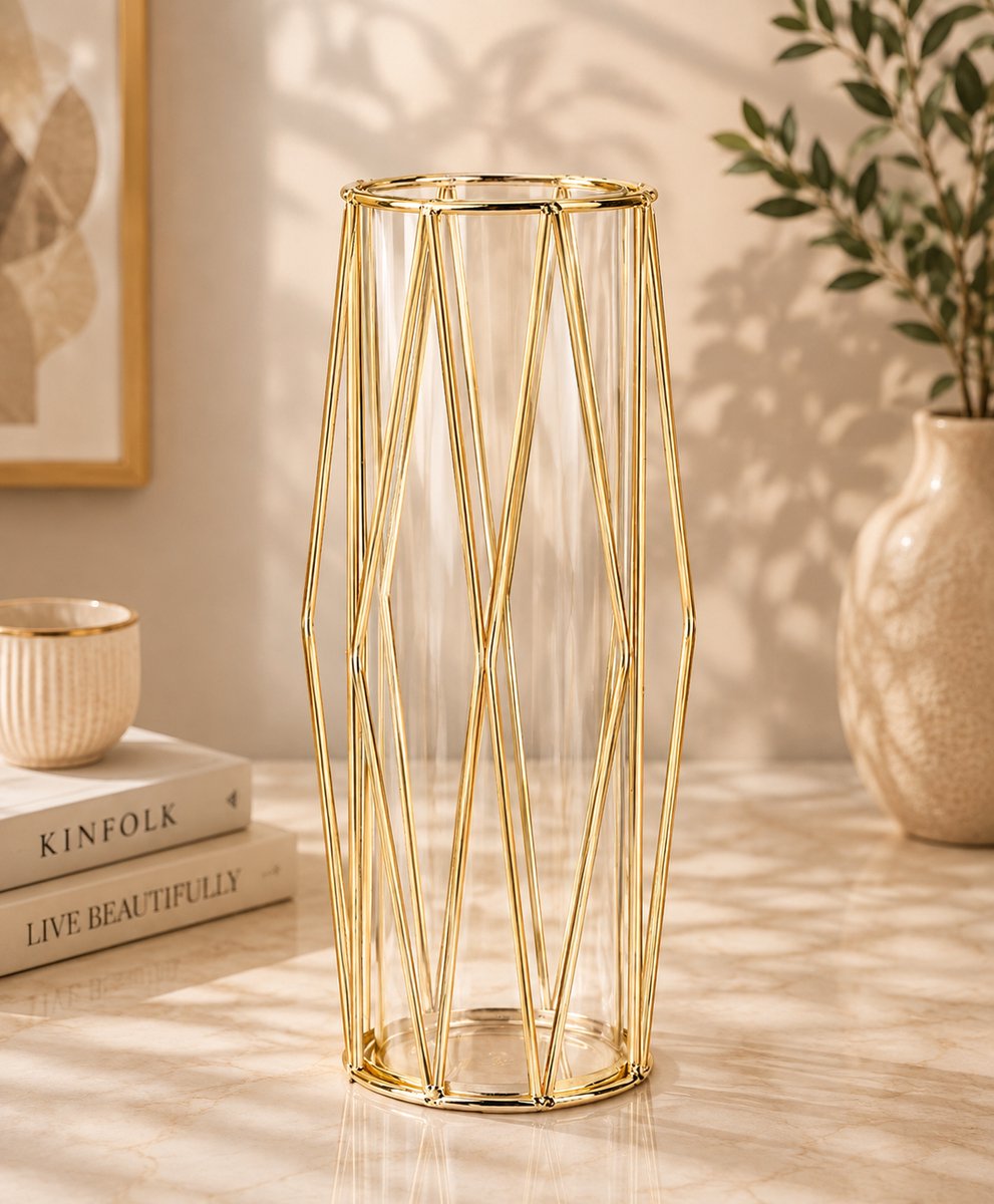 Gouden vazendecoratie voor pampasgras - Scandinavische vaas met metalen frame voor bruiloft middelpunt of bureau, 28 cm hoog