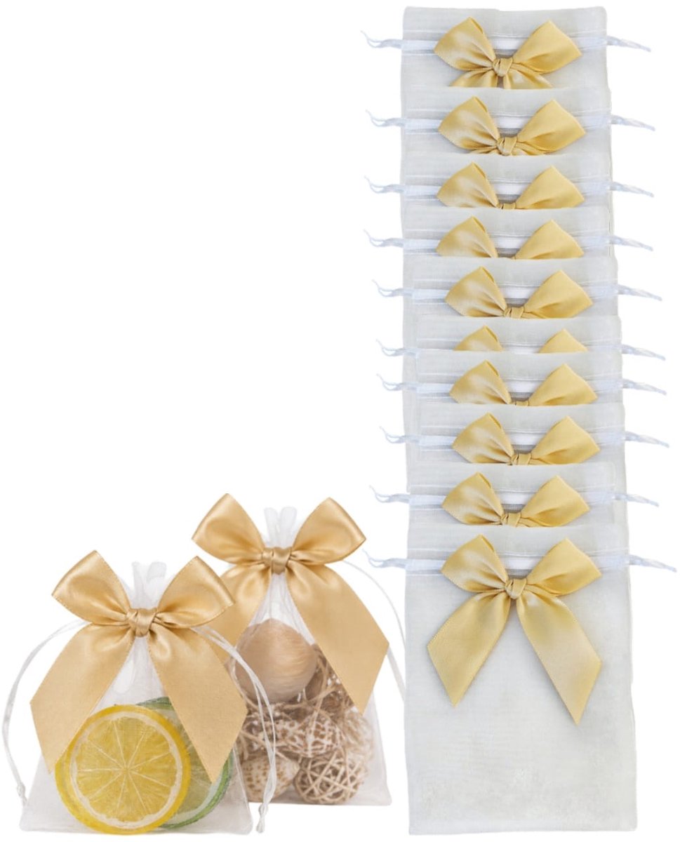 Luxe organza zakjes met strik- wit met goudkleur strikje feestzakjes - snoepzakjes - cadeau zakjes - geboorte - sieradenzakjes - trekkoord met strikje-10 stuks- 10x15cm
