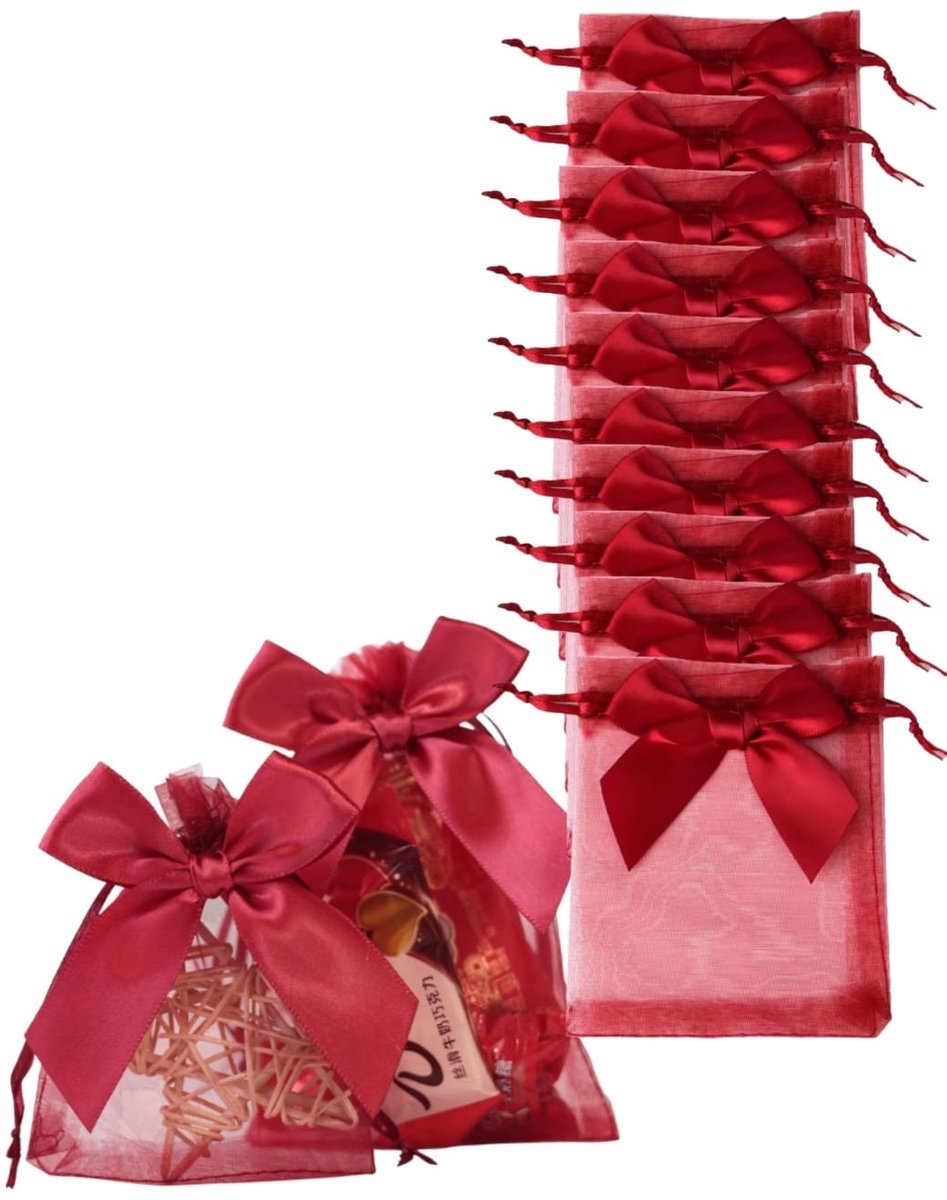 Luxe organza zakjes met strik- Rood feestzakjes - snoepzakjes - cadeau zakjes - geboorte - sieradenzakjes - trekkoord met strikje-10 stuks- 10x15cm