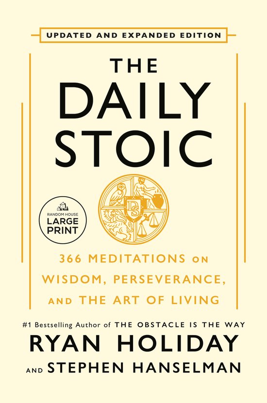 Boek met de titel 'The Daily Stoic' in grote zwarte letters. Goudkleurige opdruk met de ondertitel '366 Meditations on Wisdom, Perseverance, and the Art of Living'.