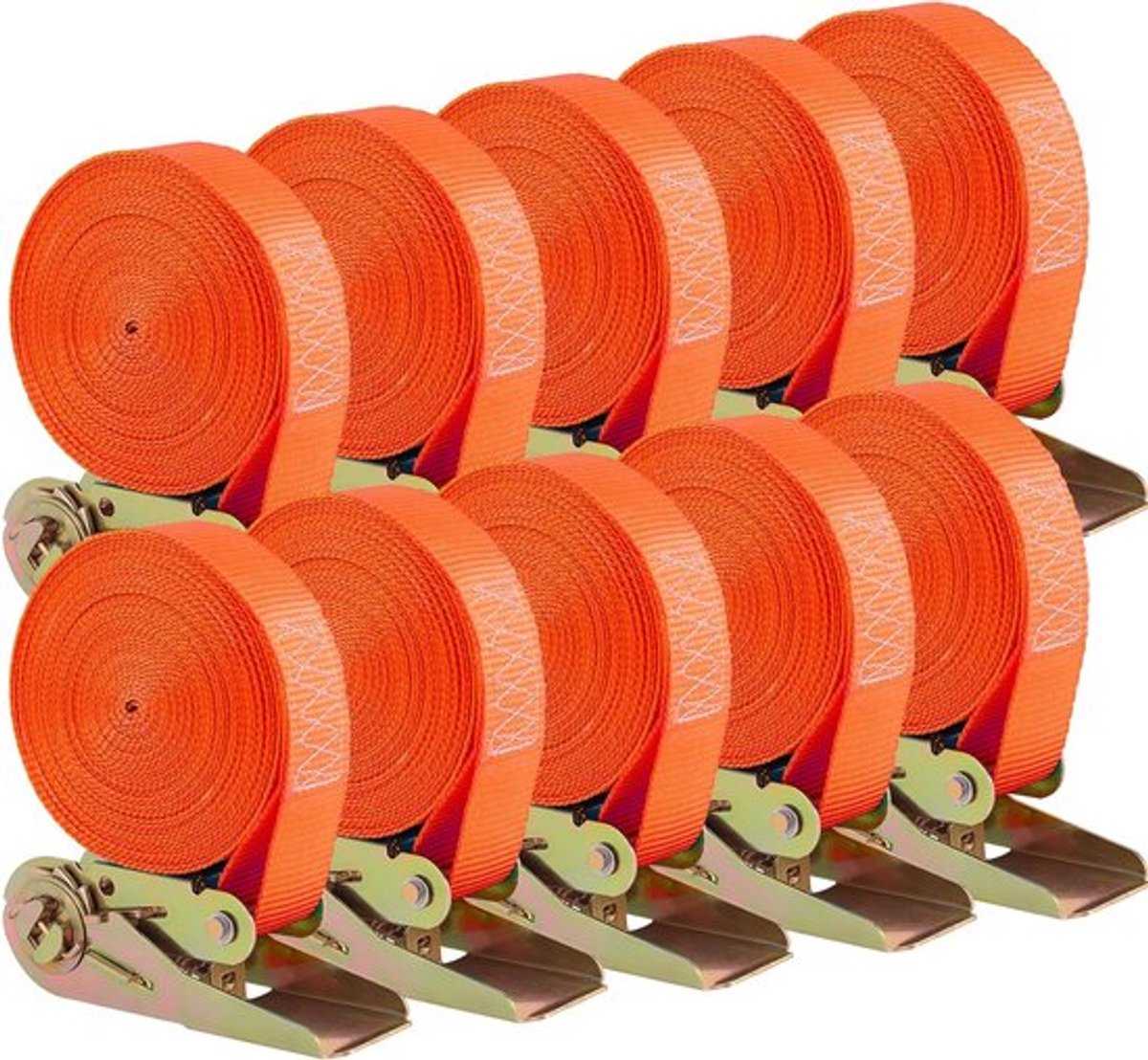 Set van 10 robuuste spanbanden van 6 m lang, 25 mm breed, tot 800 kg laadcapaciteit voor het veilig vastzetten van ladingen (oranje)