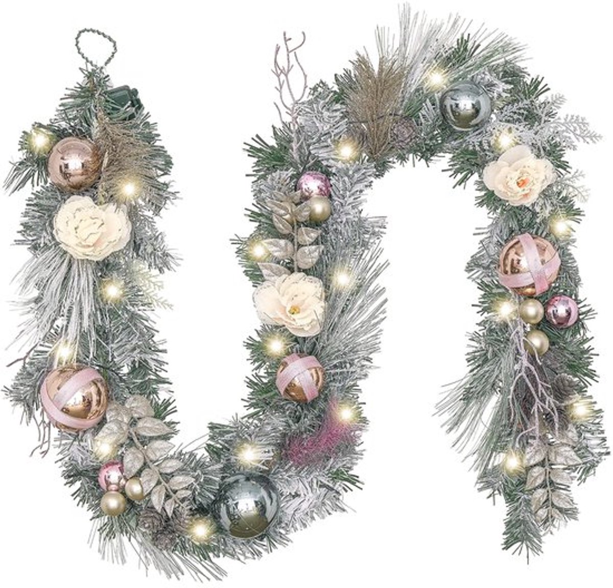 Voorverlichte Kunstmatige Kerstslinger - Met Kerstballen en Witte Roos - 183cm - LED-Lampjes - Voor De Voordeur - Kunstplanten