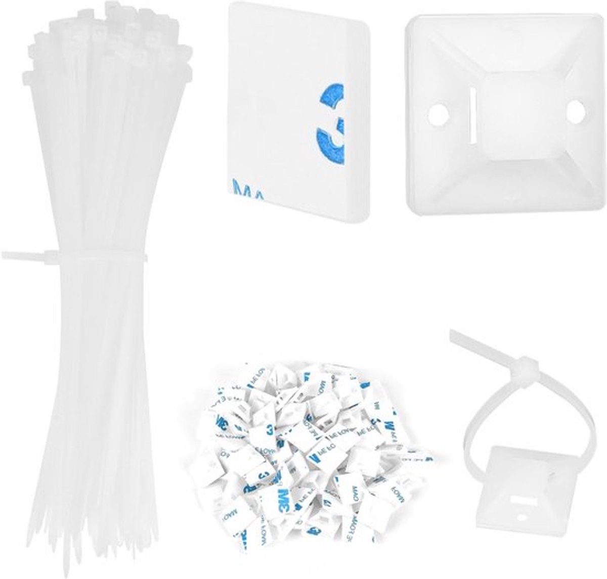100 Stuks Witte Kabelbinders 150mm en 100 Stuks Zelfklevende Bevestigingen 25mm, Ideaal voor Thuis, Kantoor en Werkplaats, Duurzaam en Betrouwbaar voor Organisatie en Bevestiging