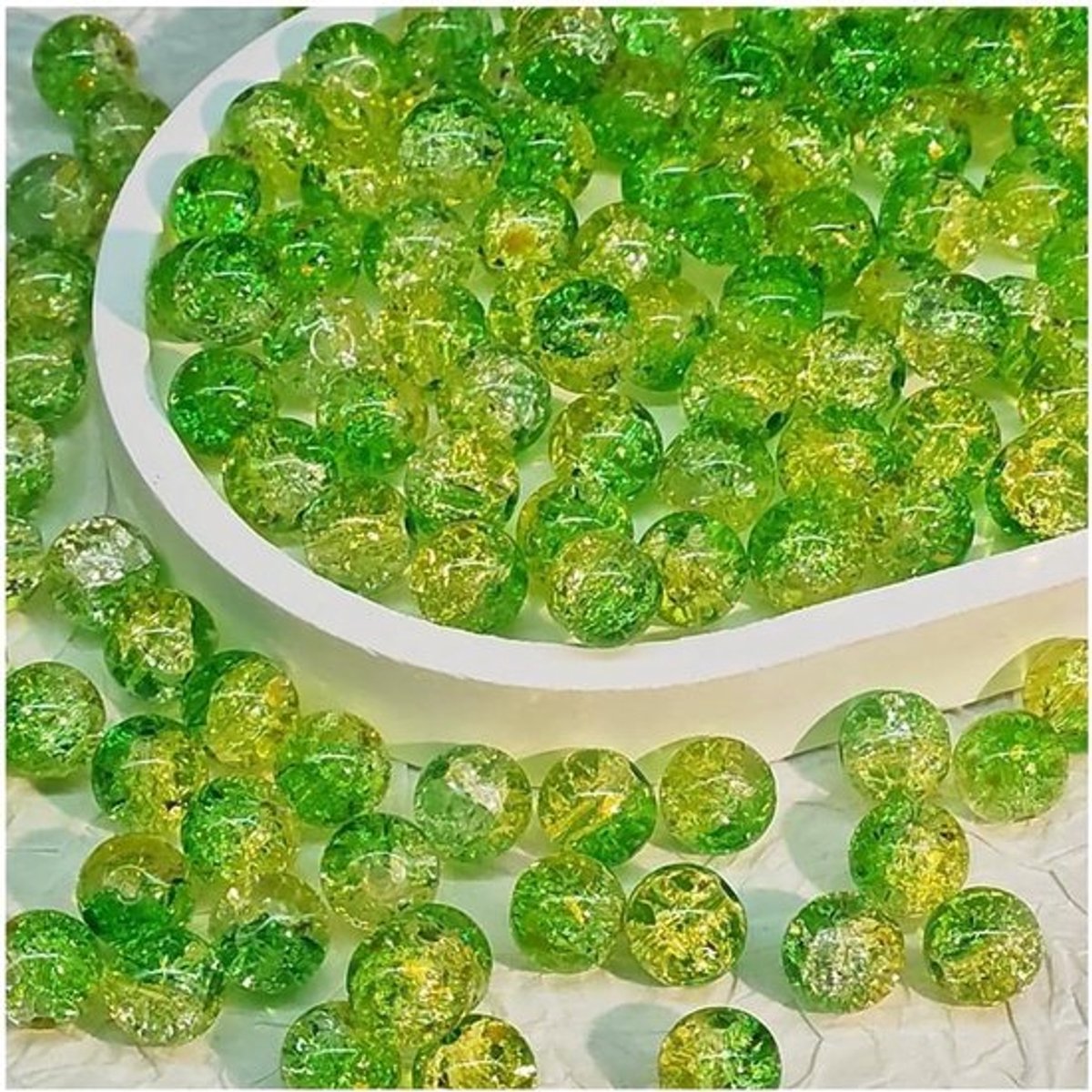 Kralen van 10mm Craquele Glas - 100 Stuks Ronde Spacer Kralen voor Sieraden Maken, Armbanden, Oorbellen en Kettingen in Geel en Groen