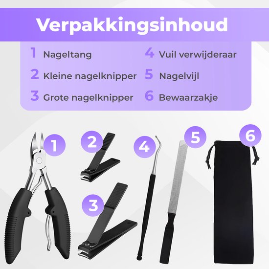 Verpakkingsinhoud: nageltang, kleine nagelknipper, grote nagelknipper, vuilverwijderaar, nagelvijl en bewaarzakje.