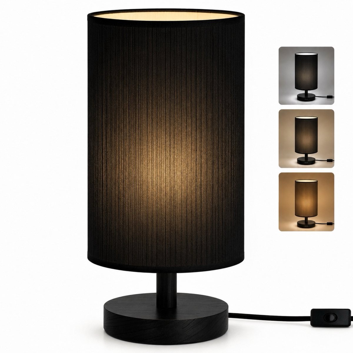 Sounix Nachtkastje lamp - Tafellamp - Minimalistische houten voet - Ronde stoffen kap - Warm witte nachtkastje Boho-lamp - Zwart