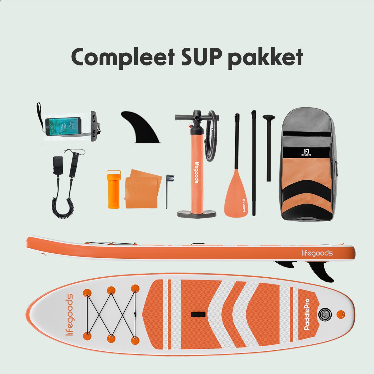 LifeGoods PaddlePro SUP Board - Opblaasbaar Paddle Board - Complete Set - Max. 150KG - 320x81cm - Wit/Oranje – foto 6