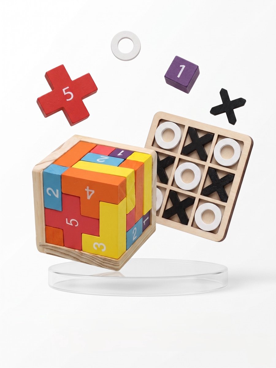 Educatieve Houten Speelgoed Puzzel Set - Montessori Tetris Blokken Puzzel & Tic Tac Toe Denkspel - Kleurrijke Breinbreker voor Baby, Peuter en Kind vanaf 18 Maanden - Duurzaam Houten Cadeau voor Jongens en Meisjes - Leren Tellen