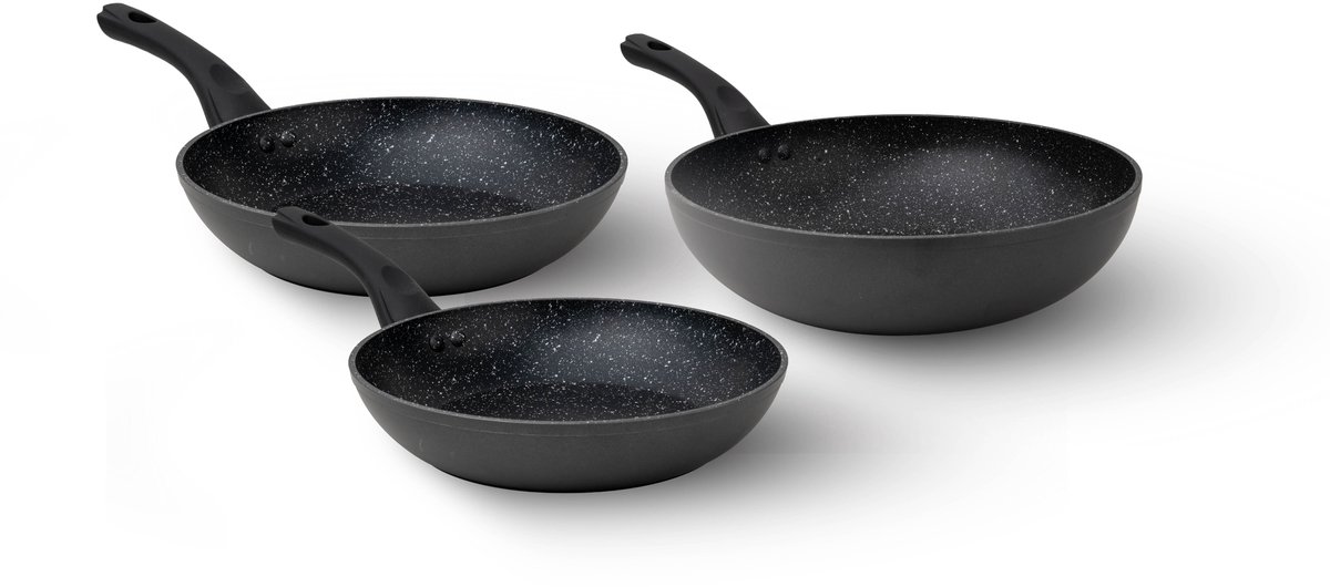 Marindex Koekenpannenset 3-delig – 24, 28 en een 28 cm Wok – Graniet – PFAS-vrij – Keramische Anti-aanbaklaag – Inductie
