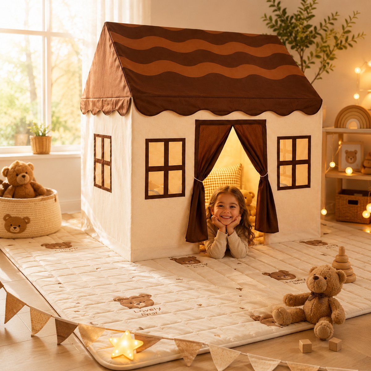 Dutchers® Premium Speeltent inclusief Speelkleed - Kindertent - Jongens & Meisjes - Speelhuis - Tipitent - Speelhuisje - Speel Tent - Binnentent - Speelmat - Bruin/beige