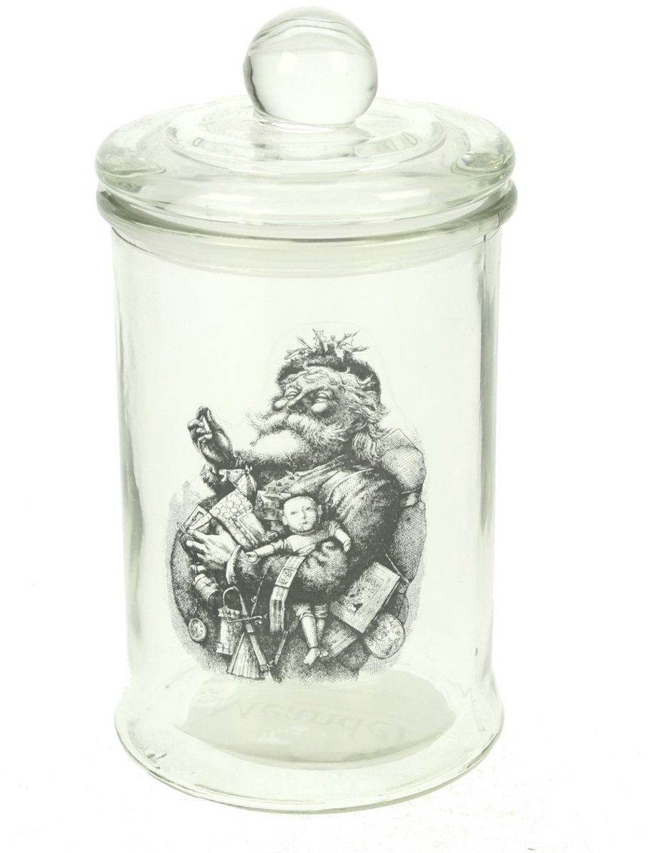 Glazenpot met deksel, Kerstman zwart/wit Ø10x18cm