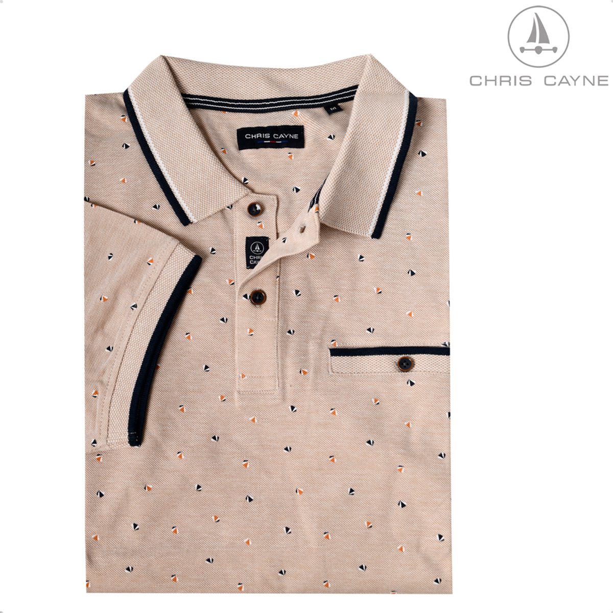 CHRIS CAYNE heren poloshirt - Zand - 3XL - Heren - Knopen - Borstzak - Piqué - Geprint - 100% Katoen