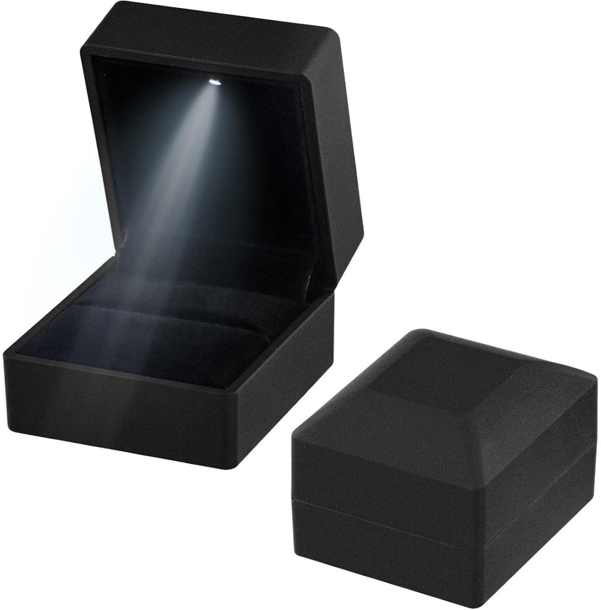 SSTRWGOOD Sieradendoos - LED Verlichte Ringbox - Minimalistisch Design met Fluweel Binnenkant - Geschikt voor Verloving, Huwelijk en Speciale Momenten - Mat Zwart Kunststof - Afmetingen 5.8x6.3x5cm