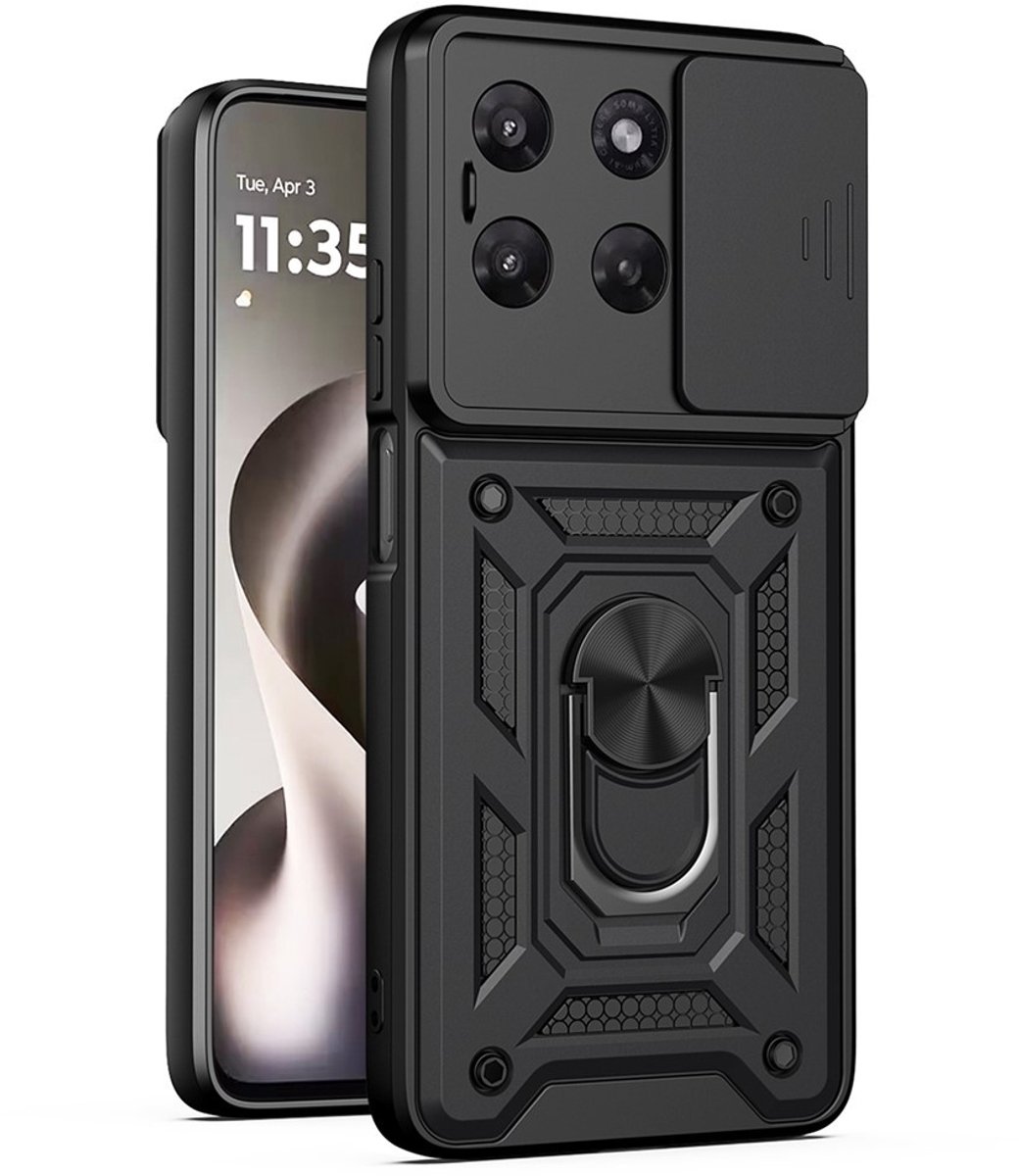Coverup Hoesje - Geschikt voor Motorola Moto G37 / G37 Power / G47 Hoesje - Coverup Armor Ring Kickstand Back Cover met Camera Shield - Zwart